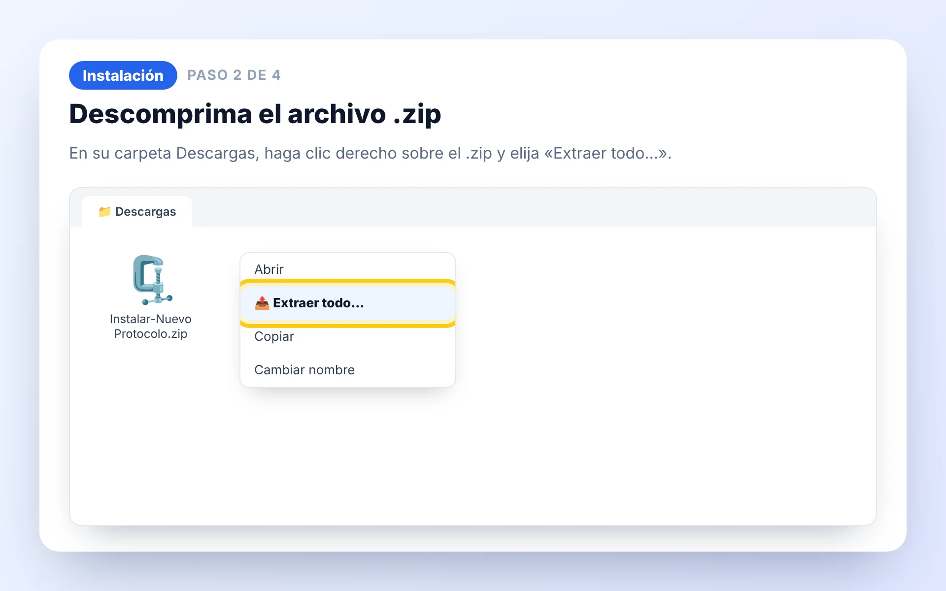 Descomprima el .zip en Protocolo Fácil