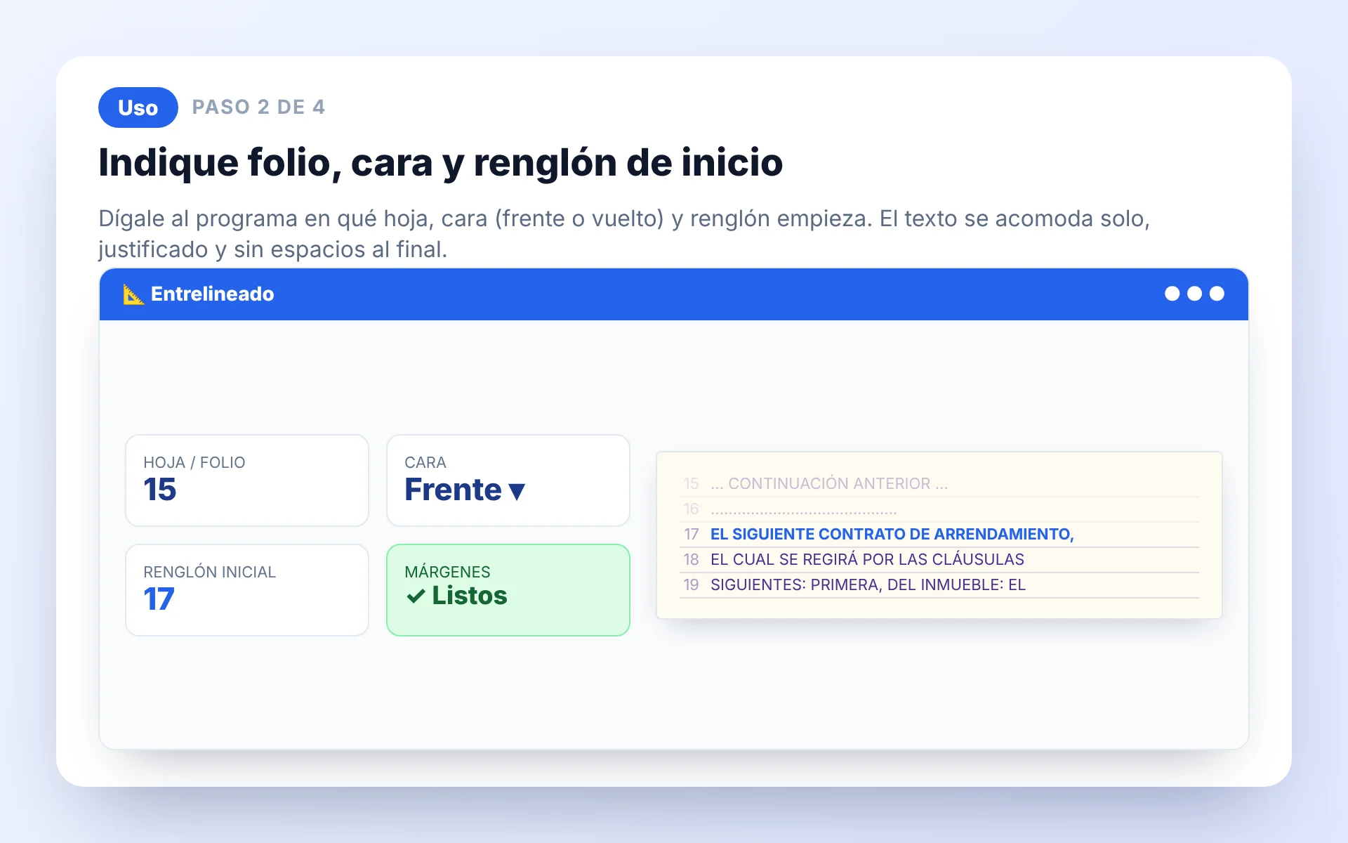 Indique folio, cara y renglón en Protocolo Fácil