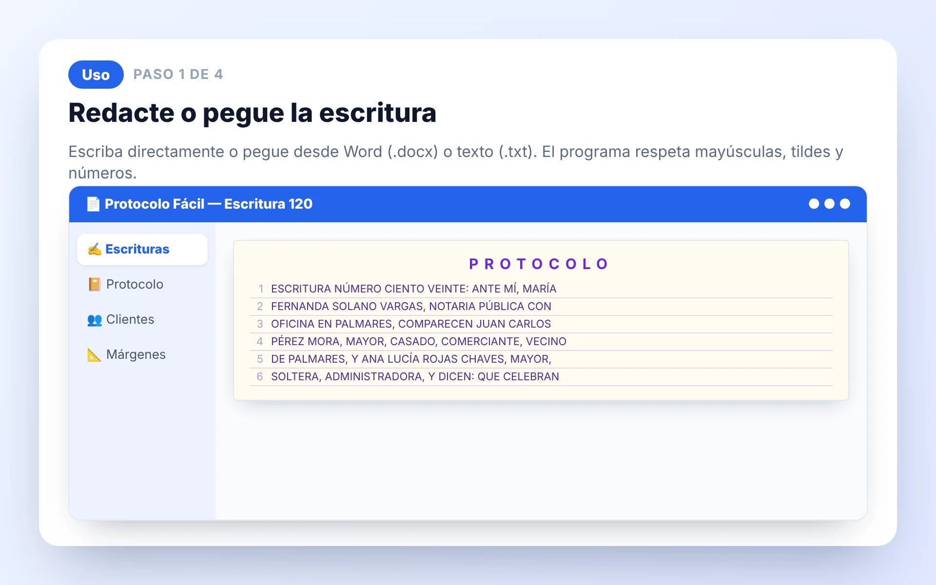 Redacte o pegue la escritura en Protocolo Fácil