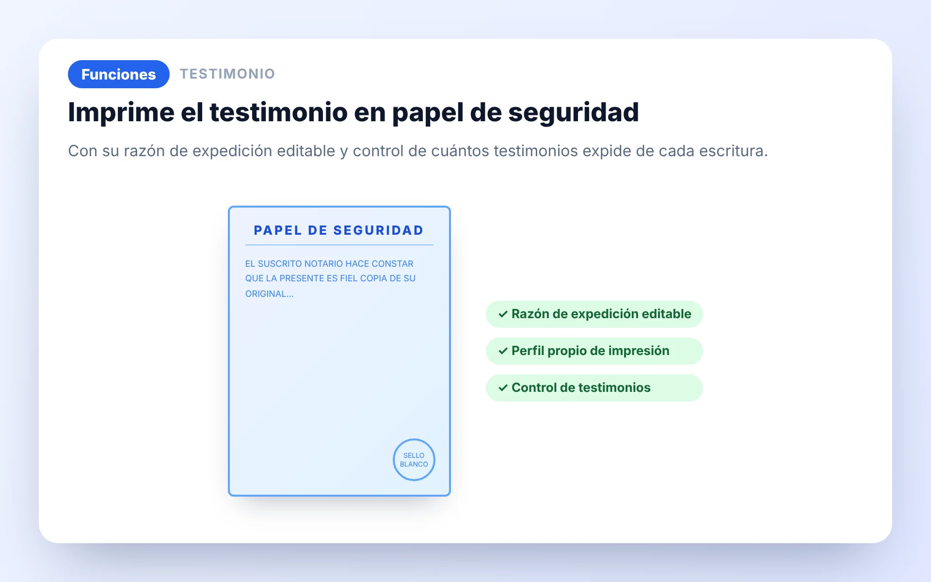 Testimonio en papel de seguridad en Protocolo Fácil