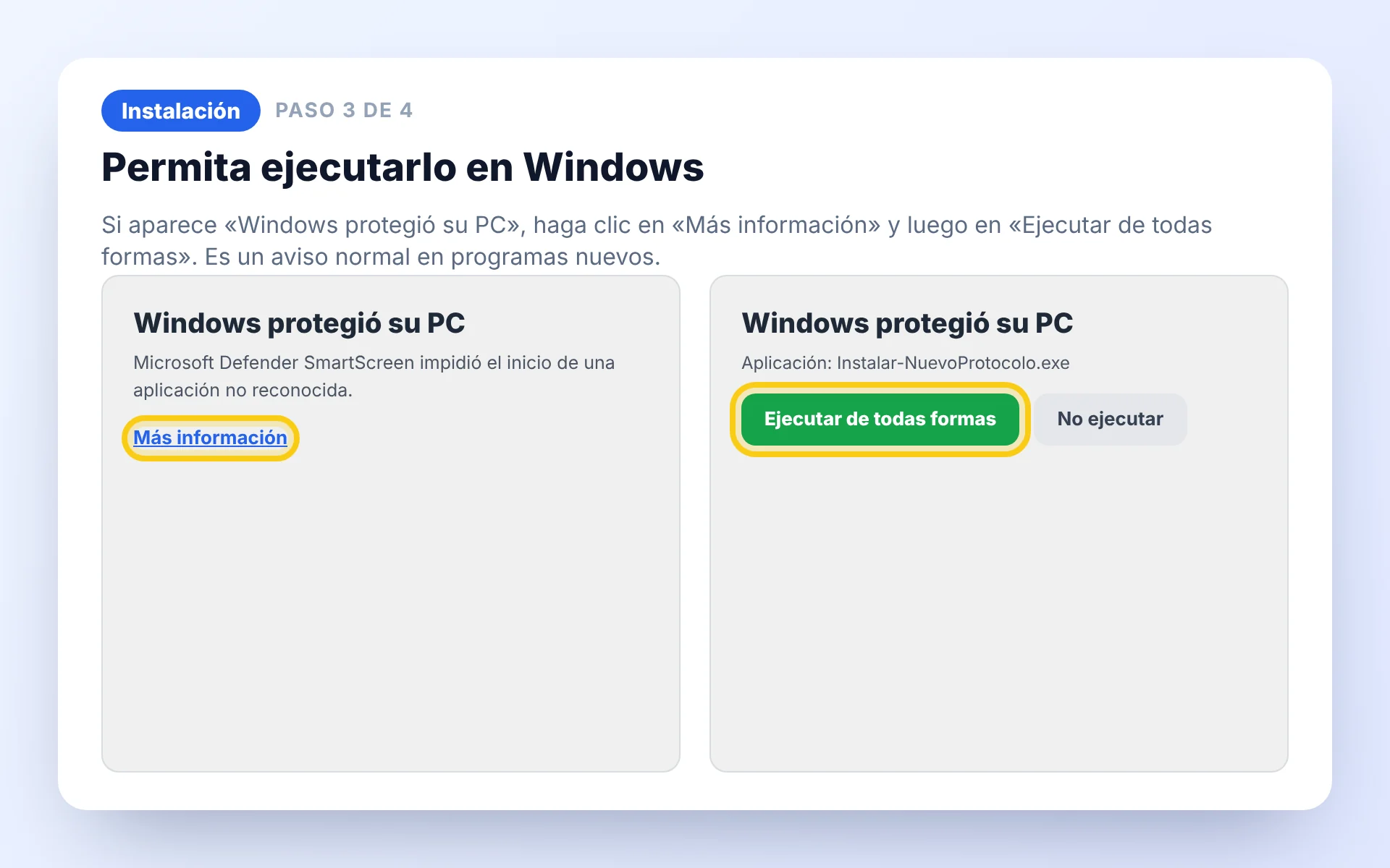 Permita ejecutarlo en Windows en Protocolo Fácil